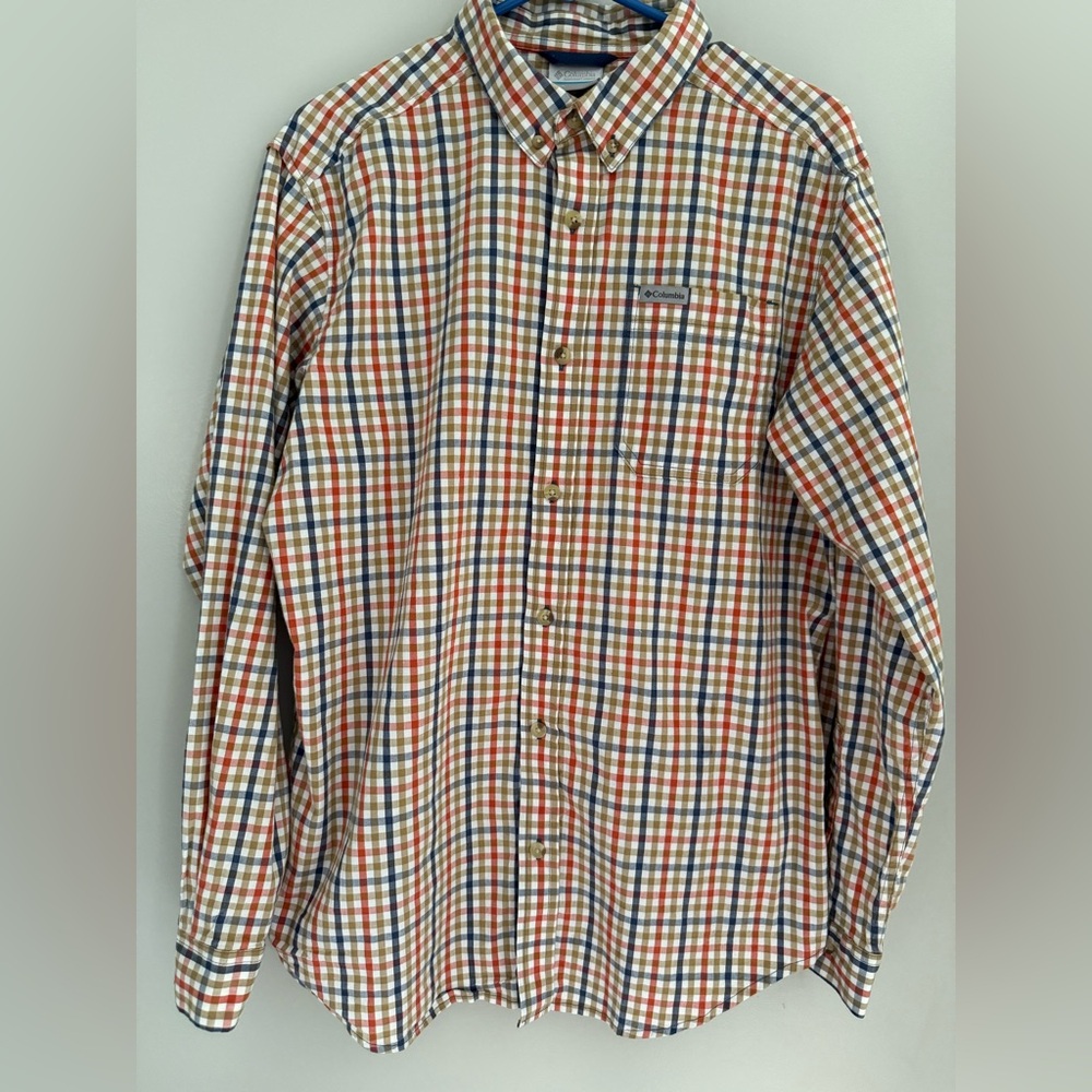 Columbia Men’s Long-Sleeve Plaid Button-Down Shirt in Orange, Blue & White